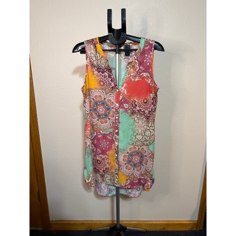 Spense Womens Sleeveless Paisley Mandala Patchwork Button Down Tunic Top Medium
